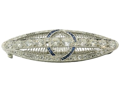 Unsigned Platinum Diamond Natural Sapphire Art Deco Era Antique Filigree Brooch