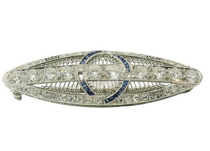Unsigned Platinum Diamond Natural Sapphire Art Deco Era Antique Filigree Brooch: Title: Unsigned Platinum Diamond Natural Sapphire Art Deco Era Antique Filigree Brooch Description: Genuine Deco era platinum filigree brooch with just under 3cts of fine, white, clean open culet diam
