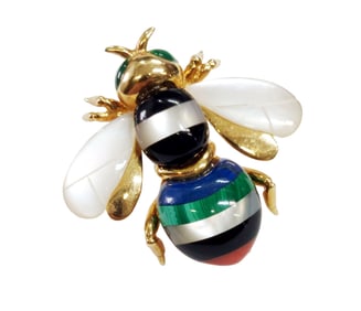 Asch Grossbardt 14k Gold Coral Lapis Malachite Onyx MOP Beautiful Inlay Bee Insect Fly Pin