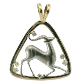 Rare Loet Vanderveen Large 14k Gold Diamond Pendant w/ Silver Ibex Signed Dutch Designer