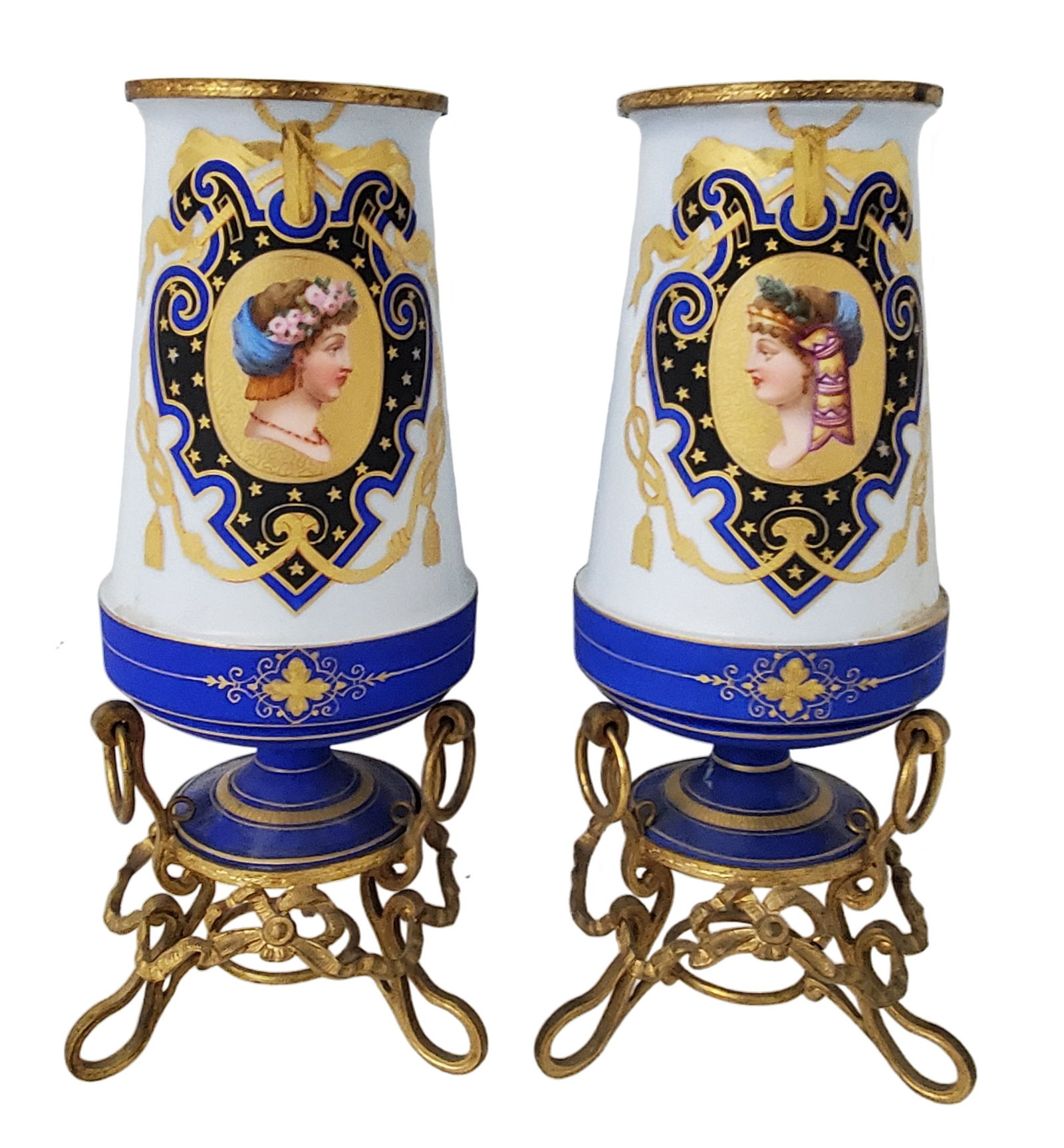 Fine Pair Antique Old Paris Porcelain Sevres Type Portrait Garniture Vases French Manner Gilt Metal (1 of 7)