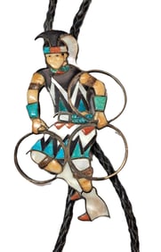 Vintage Native American Silver Inlayed Stone Kachina Hoop Dancer Bolo Tie