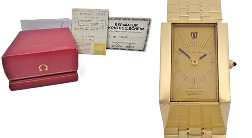 Mega Rare Omega Mecha-Quartz 18K Gold Constellation Mens Vintage Wrist Watch Box Papers
