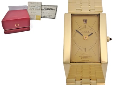 Mega Rare Omega Mega-Quartz 18K Gold Constellation Mens Vintage Wrist Watch Box Papers