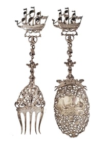 Massive 12in Dutch 833 Silver 9.77ozt Sailing Ship Nautical 2pc Flatware Serving Set Reticulated Rep