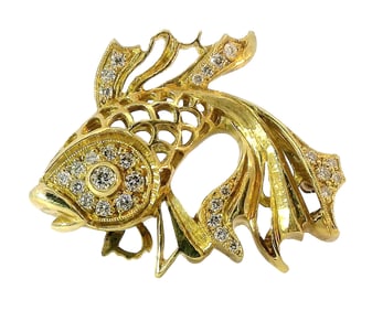 Midcentury 18k Gold 1ctw Fine White Clean Diamond Fancy Koi Fish Brooch