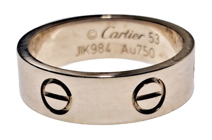 Signed Numbered 18K White Gold Cartier Love Ring Band Size 53 w/ Papers