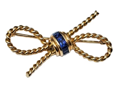 Vintage 14k Gold Cartier Signed Numbered Mid Century Natural Sapphire Knot Box Pin Brooch