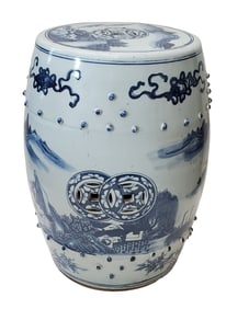 Antique Chinese Blue White Porcelain Scenic Garden Stool Seat Bench Stand 18in Circa late Qing