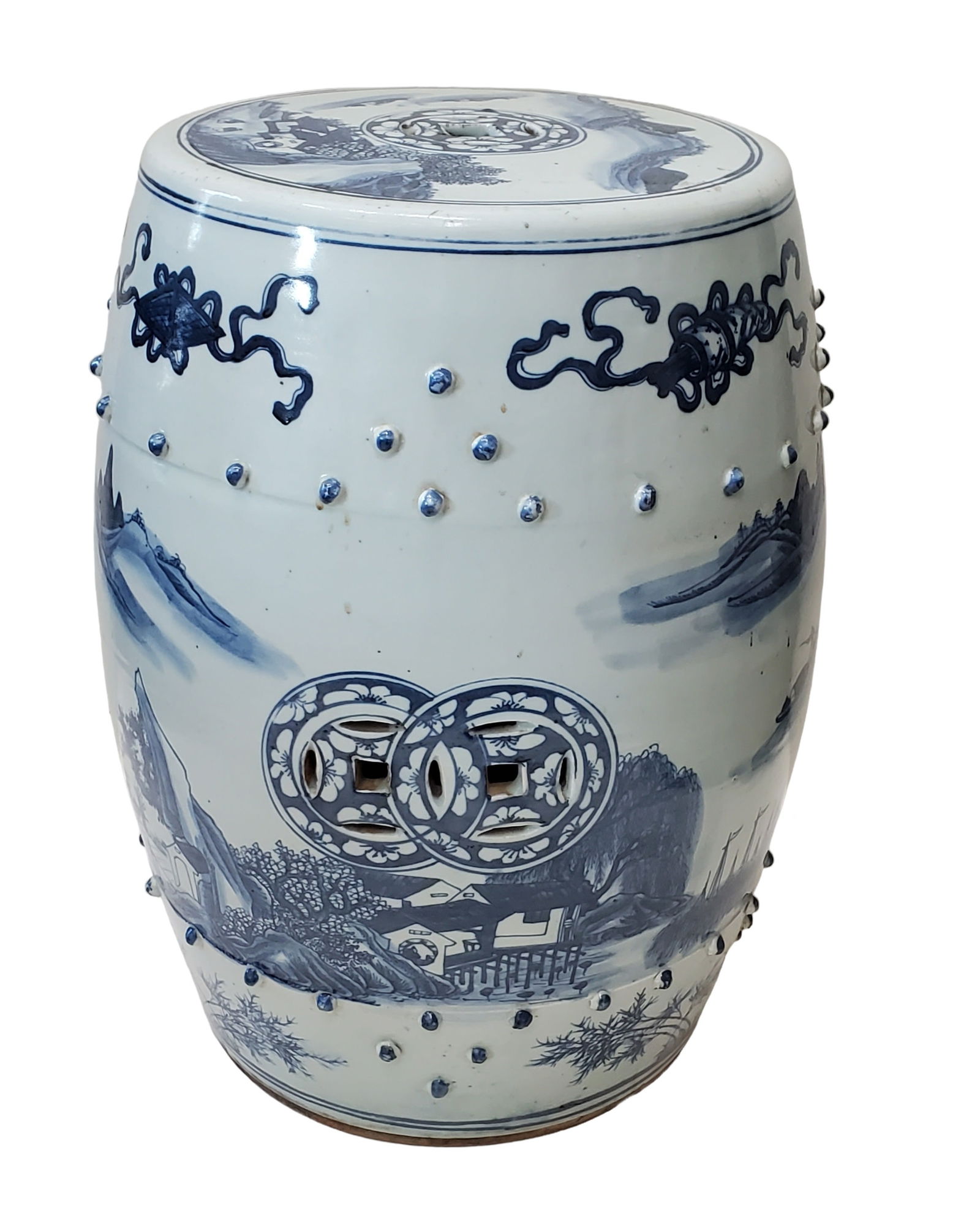 Antique Chinese Blue White Porcelain Scenic Garden Stool Seat Bench Stand 18in Circa late Qing (1 of 8)