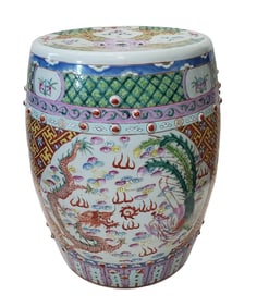 Antique Chinese Famille Rose Garden Stool Seat Bench Stand 17.5in Porcelain Enamel Circa Late Qing