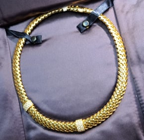 Heavy Tiffany Co 18k Gold Fine Diamond Vannerie Woven Necklace