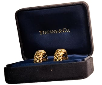 Large Tiffany Co Vannerie Woven 1.3ctw Fine Diamond 18k Gold Omega Back Hoop Earring Clips