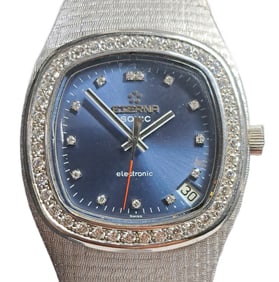 Vintage Eterna Sonic 18K White Gold Factory Diamond Mens Date Mid Century Modern Wrist Watch w/ Box