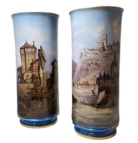 Monumental Pair KPM 12in Tall Hand Painted Castle Ruins Scene Vintage Vases
