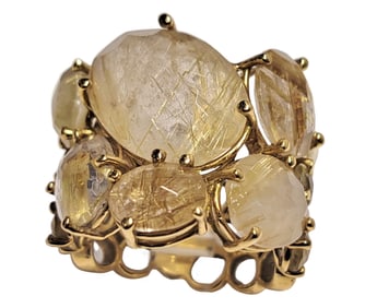 Signed 18K Gold Ipanema Rutilated Quartz Bubble Style Ladies Band Ring Size 7