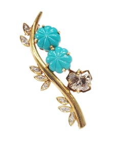 Rare Art Deco GIA Natural Fancy Brown Butterfly Cut Diamond 18k Gold Persian Turquoise Vintage Brooc