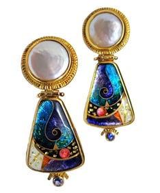 Signed Ricky Frank Studios 22k 18k Gold Enamel Cloisonne Mosaic Tanzanite Pearl Heavy Earrings