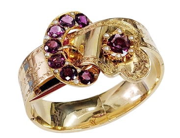 Mid-Victorian 18K Gold Hinged Light Rhodolite Garnet Seed Pearl Belt Buckle Cuff Bracelet
