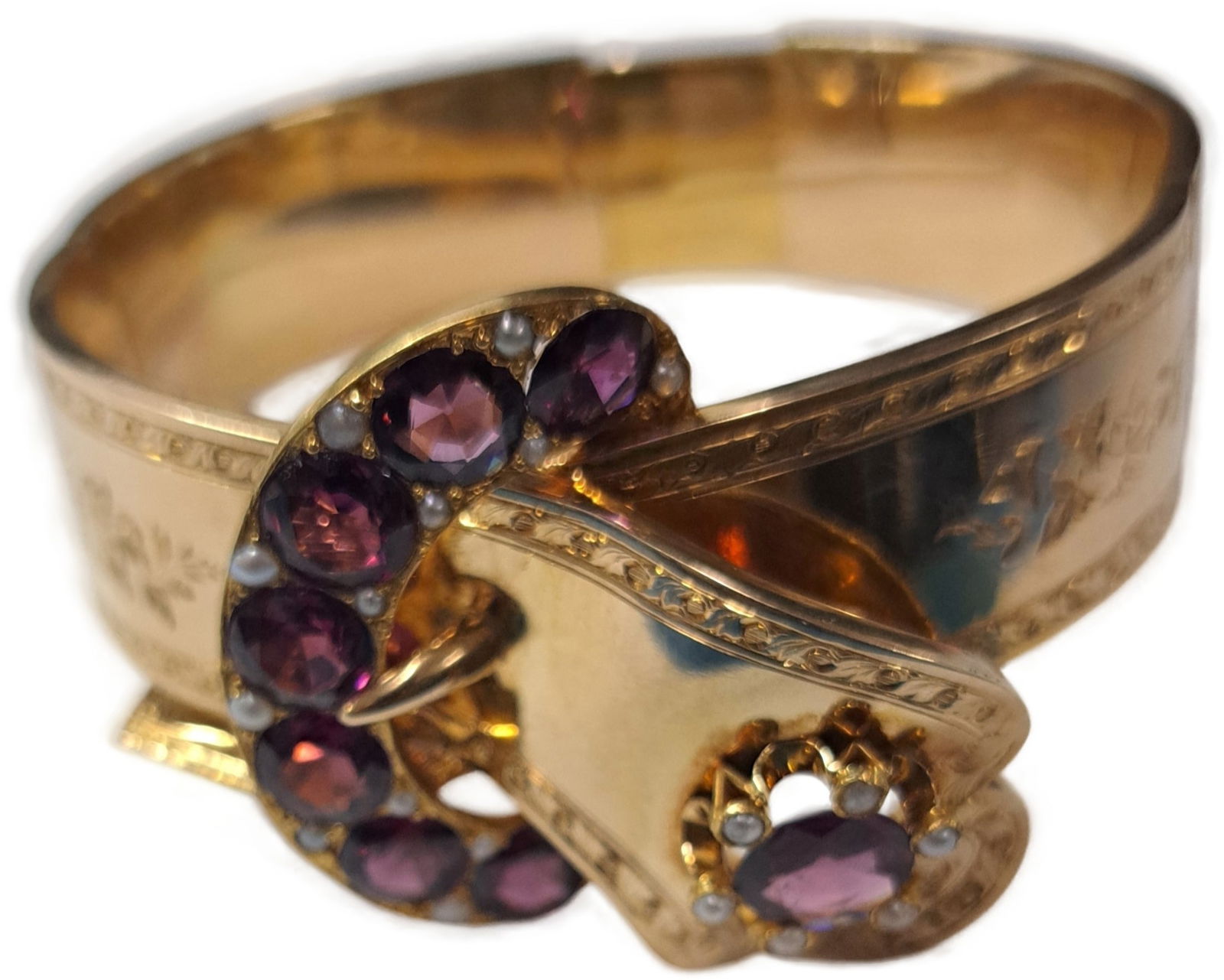 Mid-Victorian 18K Gold Hinged Light Rhodolite Garnet Seed Pearl Belt Buckle Cuff Bracelet (1 of 11)