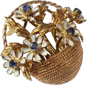 Mid-Century 18K Gold Art Deco Natural Sapphire Basket of Flowers Daisies Brooch