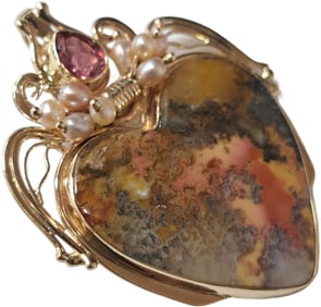Incredibly Colorful 14K Gold Agate Pink Tourmaline Pearl Heart Shape Pendant