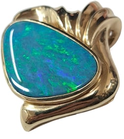 GIA Large 14K Gold Natural Opal w/ Blue Green and Yellow Play of Color Pendant