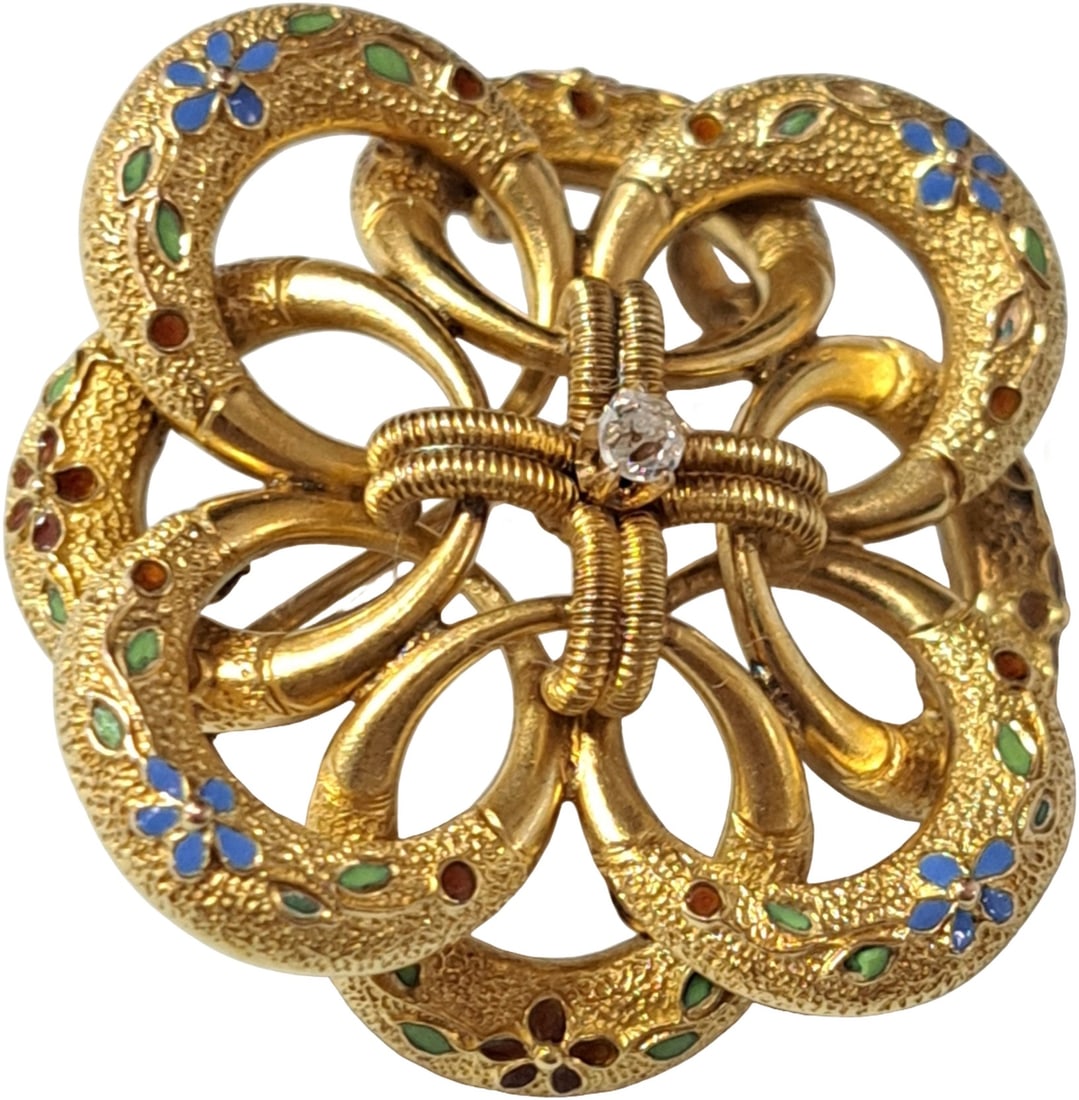 Victorian 15K Yellow Gold Floral Motif Enamel Diamond Celtic Love Knot Brooch (1 of 4)