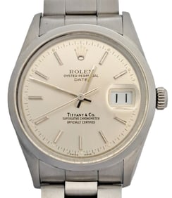 1980s Rolex Date Model 15000 Tiffany & Co Branded Dial Oyster Bracelet Mens Automatic Wrist Watch