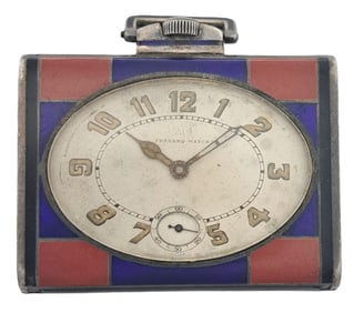 Heavy Very Art Deco Enamel 925 Sterling Silver Fresard Square Pocket Watch Running 1920s