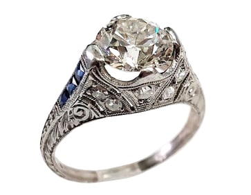 GIA 1.60ct Old Euro Diamond Art Deco Platinum Natural Sapphire Ring by Maurice Tishman