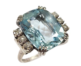 Designer Signed Falcon Approx 16.0ct Blue Natural Aquamarine Fine Diamond Mid Century 1940s Ring