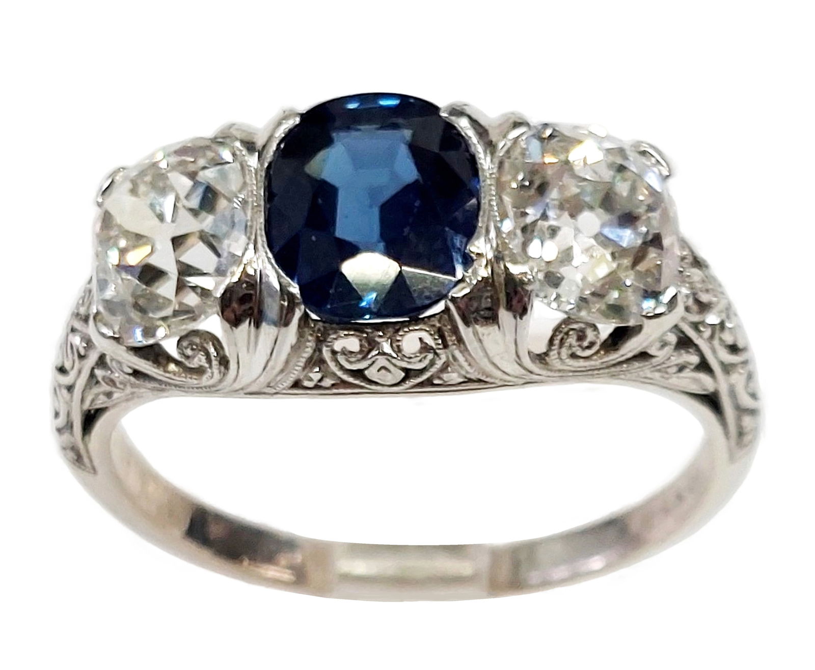 Aprx 1.5ct No Heat Blue Sapphire 2ctw Old Euro Diamond Signed JKD Numbered Platinum Filigree Ring (1 of 4)