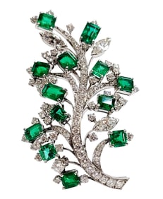 Approx. 5.30ctw GIA Colombian Emeralds w/ 4ctw Diamond Large Platinum 1950s Floral Brooch