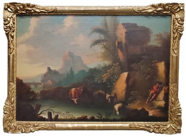 Italianate Late 17th Century Oil Landscape Shepherd Resting Sheep Cattle Castle Ruins Dutch Italian