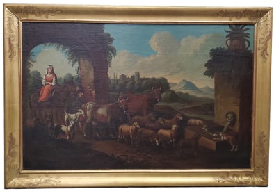 Italianate Late 17th Century Oil Landscape Farmer Daughter Cattle Sheep Dogs Architectural Capriccio
