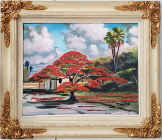 Tracy Newton Florida Highwaymen 2nd Generation Poinciana Tree Landscape Oil Painting