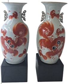 Set of Two Antique Cantonese Porcelain Iron Red Foo Dog Temple Jars Chinese Vases c. 1870