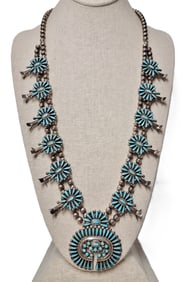 Zuni Judi Wallace Signed Petit Point Turquoise Solid Silver Squash Blossom Necklace
