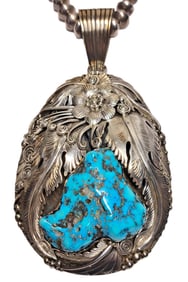 Giant Mark Yazzie Navajo 925 Sterling Silver Sleeping Beauty Turquoise Pendant & Necklace w/ Box