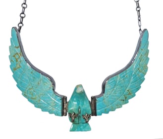 Harry Spencer Navajo Native American Signed Sterling Silver Turquoise MOP Hinged Wing Eagle Necklace