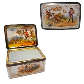 Gilt Over Silver KPM German Porcelain Large Box W/ Hunting Scene