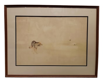 Original Colored Drawing Noted Wildlife Artist Owen Gromme Wolf Coyote Swan Landscape Study on Paper