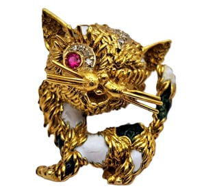 Genuine Frascarolo Calico Cat 18k Gold Diamond Stink Eye Kitten Brooch Clip