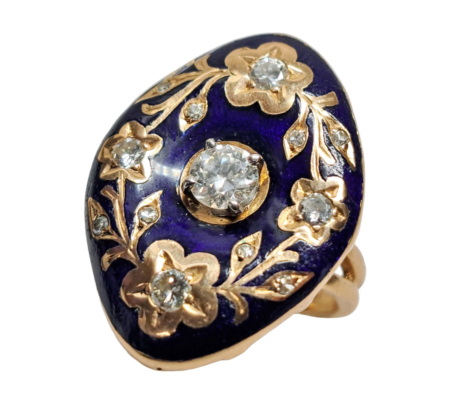 Vintage Jack Gutschneider 14K Gold 0.55ct Old Euro 1ctw Fine Diamond Large Blue Enamel Ladies Ring (1 of 11)