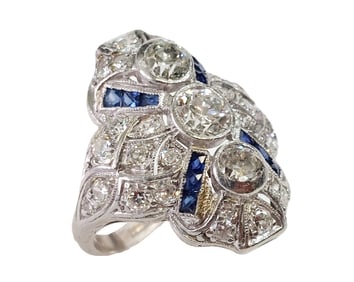 Extraordinary Estate Fine 2ctw 3-Stone Fine Diamond Natural Sapphire Platinum Art Deco Ring
