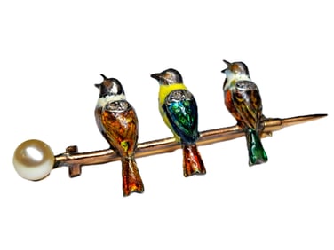 Victorian 3 Colorful Enamel Birds Fine Diamond Pearl Antique 18k Gold Brooch Pin