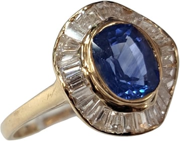 GIA Stunning 18K Yellow Gold Blue Natural Sapphire Diamond Princess Halo Ring Size 7.5
