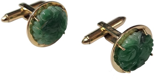 Stunning Antique 14K Yellow Gold Untreated Very Green Carved Jade Cufflinks