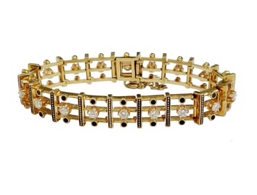Exquisite Midcentury 2ctw Diamond Black Enamel 14k Gold Victorian Revival Ladies Statement Bracelet
